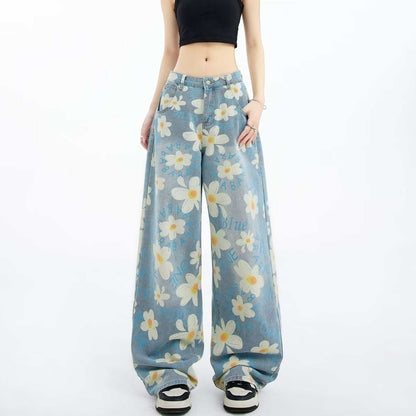 Floral Wide-leg Washed Jeans