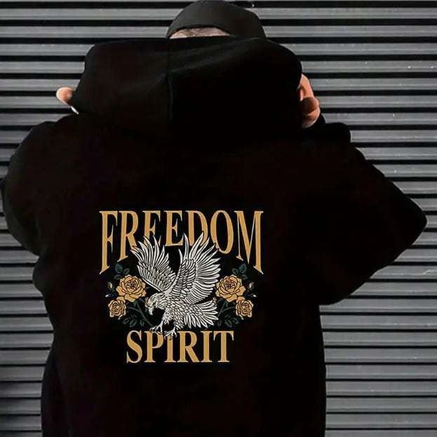 Black Freedom Spirit Hoodie with eagle and floral design on back, available in multiple sizes, made of 95% polyester and 5% spandex