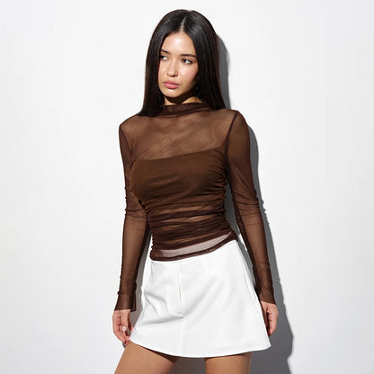 Slim Mesh Spliced Long Sleeve Top