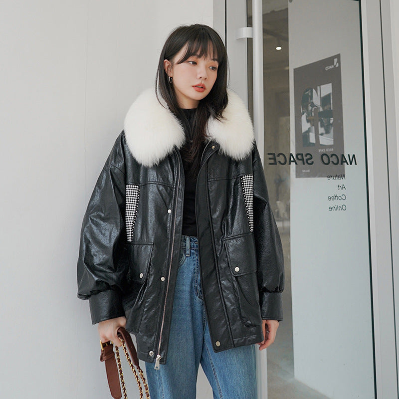 Plaid Stitching Leather Coat