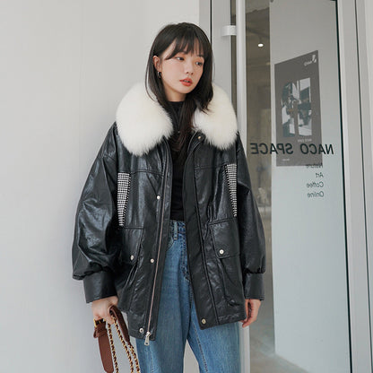 Plaid Stitching Leather Coat