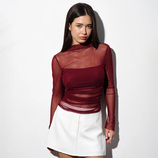 Slim Mesh Spliced Long Sleeve Top