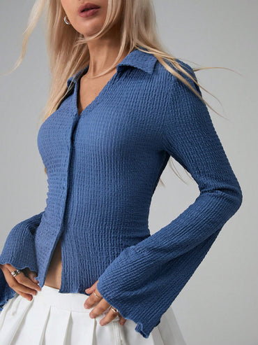 Ribbed Button Long Sleeve Top