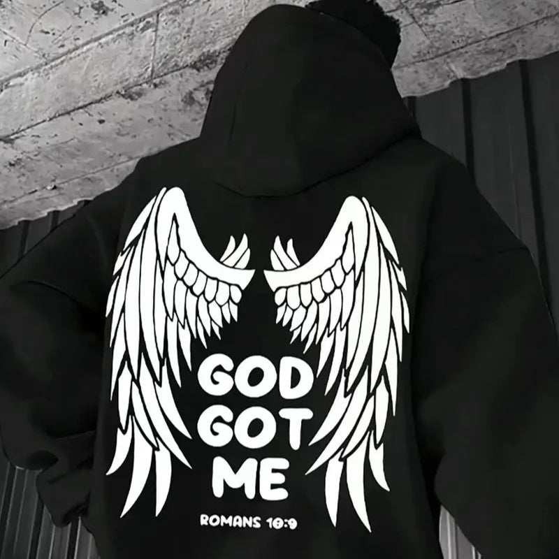 Black God Not Me Hoodie with white angel wings and "God Got Me" text on the back, made of polyester and spandex, available in multiple sizes