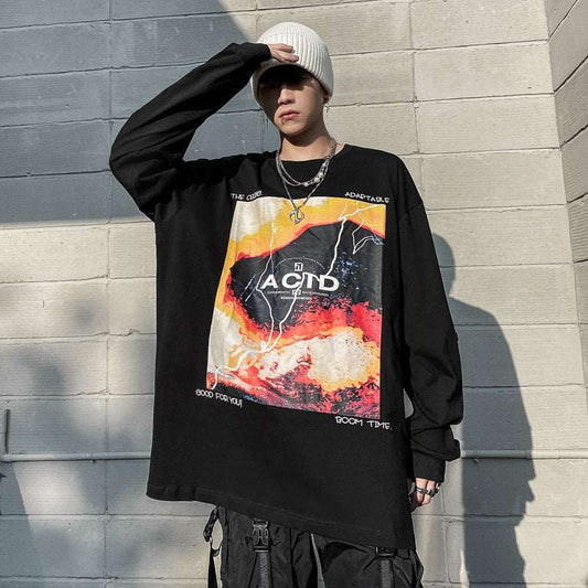 Hip Hop oversized black cotton T-shirt with colorful acid graphic print and round neck style worn by male model