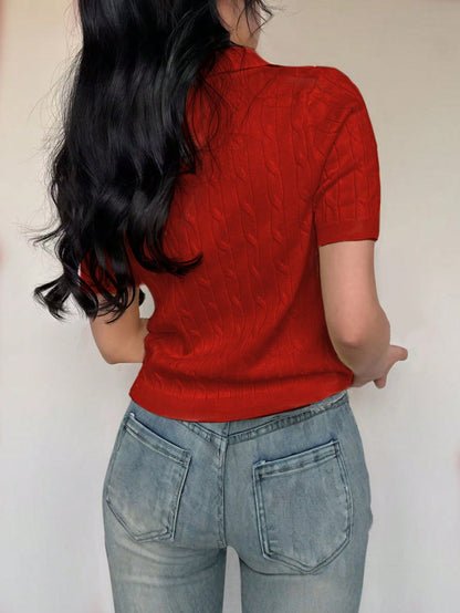 Ribbed Collared Short Sleeve Top