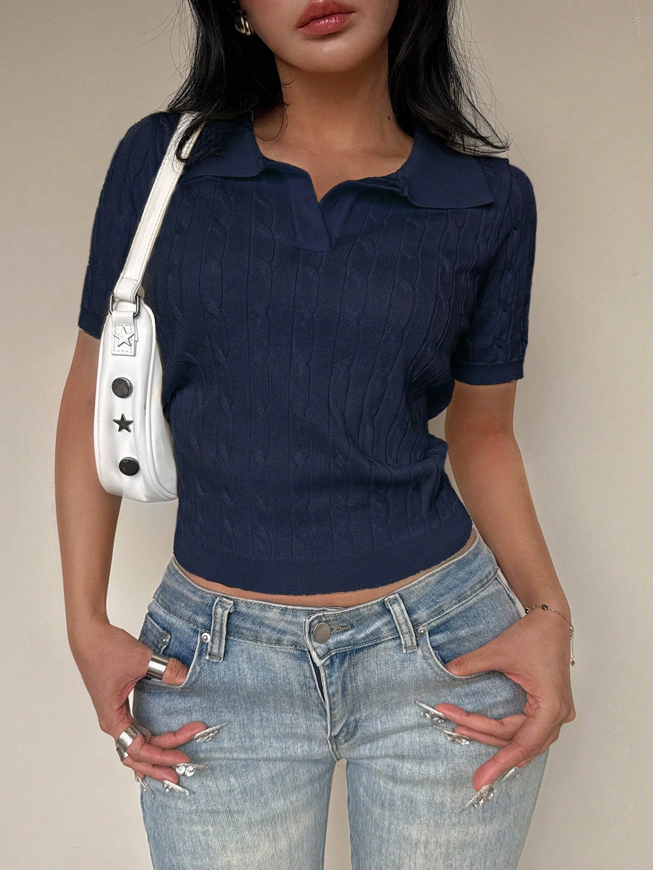 Ribbed Collared Short Sleeve Top