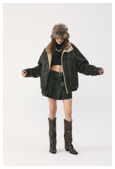 Elastic-Hem Leather Jacket