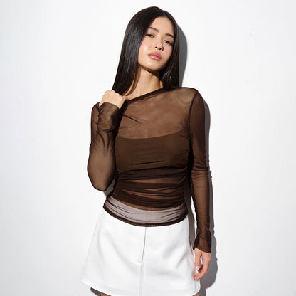 Slim Mesh Spliced Long Sleeve Top