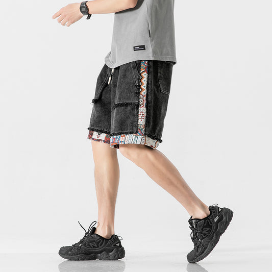 Patchwork Raw‑Edge Denim Shorts