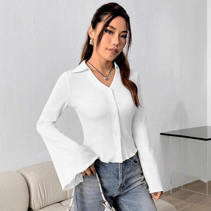 Ribbed Button Long Sleeve Top