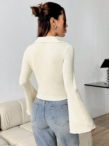 Ribbed Button Long Sleeve Top