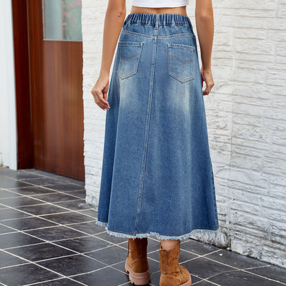 Washed Frayed Hem Denim Midi Skirt