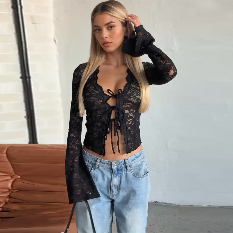 Slim Lace Tie-Front Long Sleeve Top