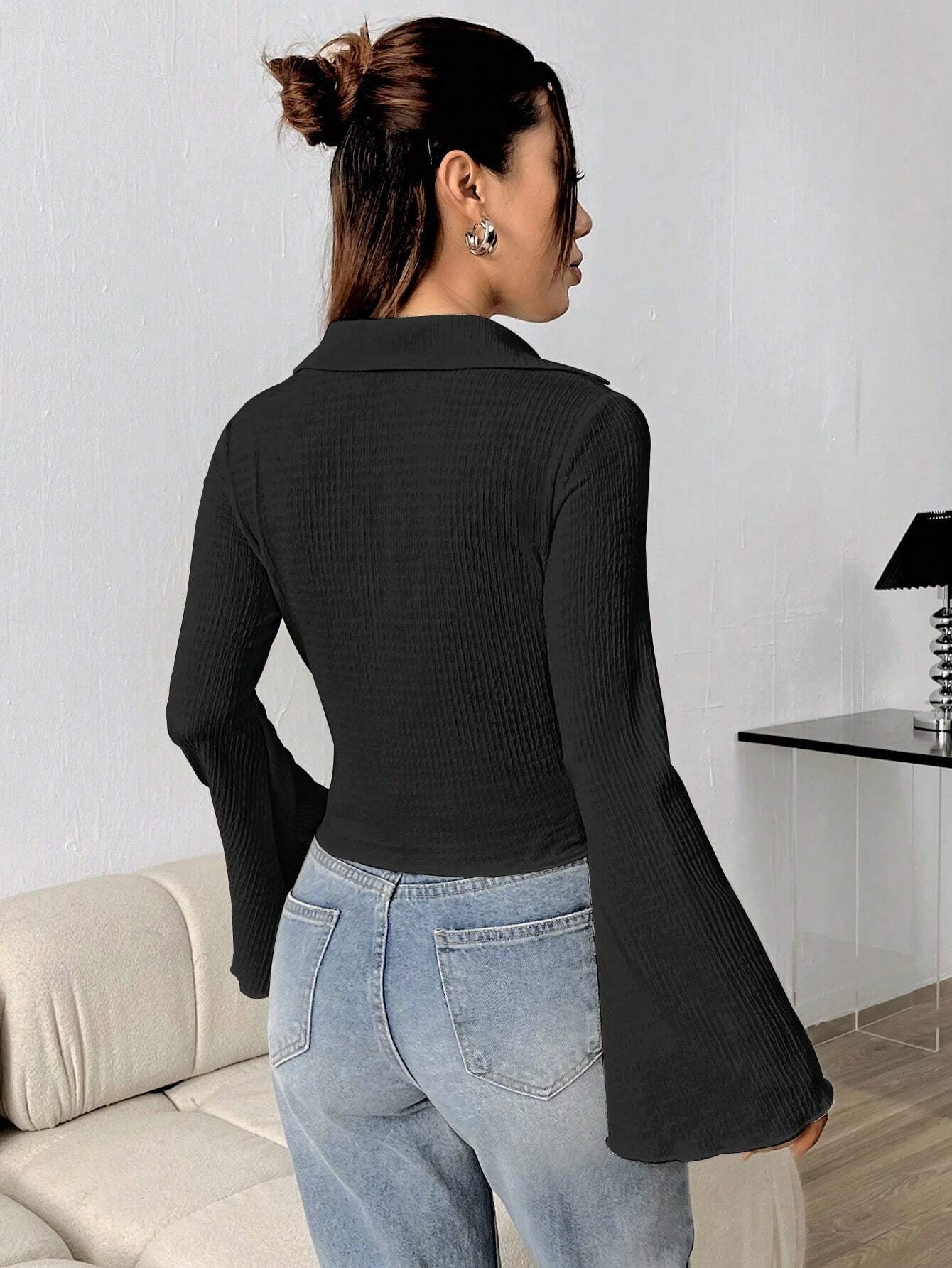 Ribbed Button Long Sleeve Top