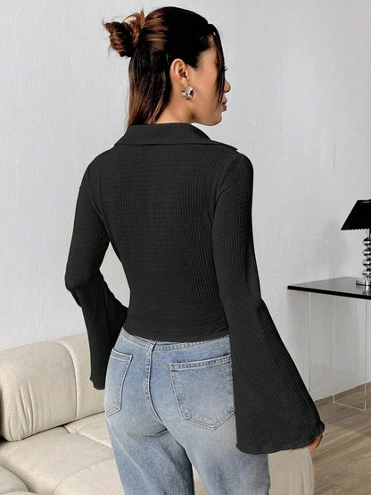 Ribbed Button Long Sleeve Top