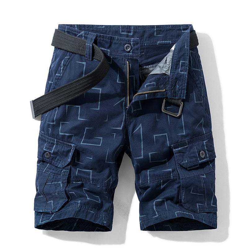 Navy blue cargo shorts with zipper placket and black belt, cotton fabric, multiple pockets, casual middle waist design