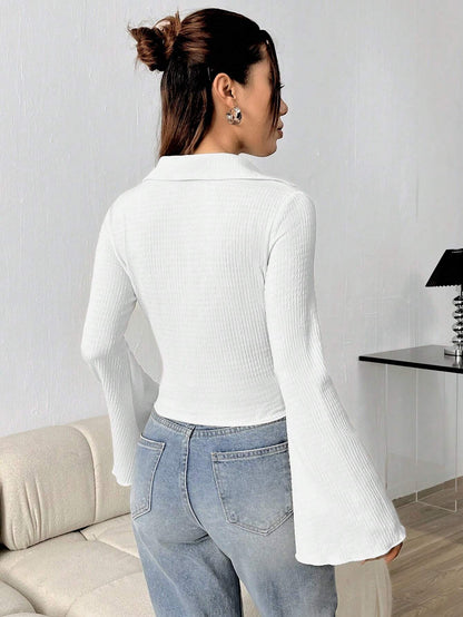 Ribbed Button Long Sleeve Top