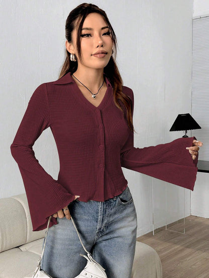 Ribbed Button Long Sleeve Top