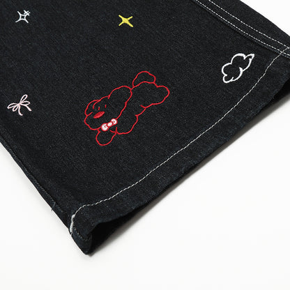 Puppy Embroidered Printed Denim
