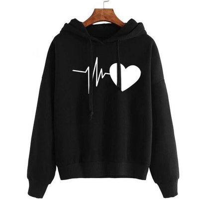 Black heart print streetwear hoodie with pullover style and drawstring hood