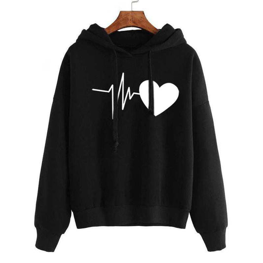 Black heart print streetwear hoodie with pullover style and drawstring hood