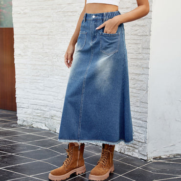 Washed Frayed Hem Denim Midi Skirt
