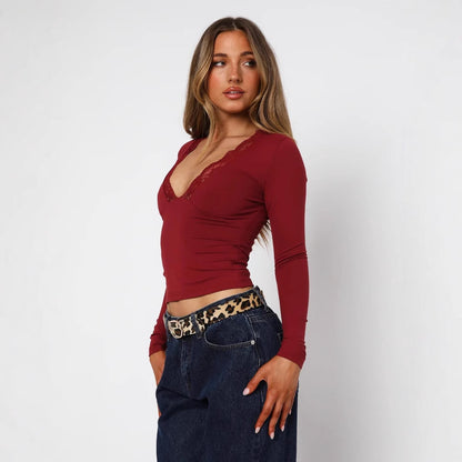 Plunge Mesh Long Sleeve Top