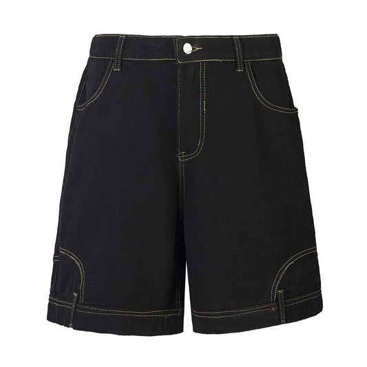 Black mid-waist inelastic cotton baggy denim shorts for men with contrast stitching and leisure style