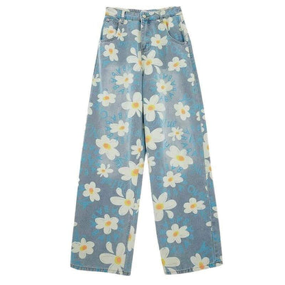 Floral Wide-leg Washed Jeans