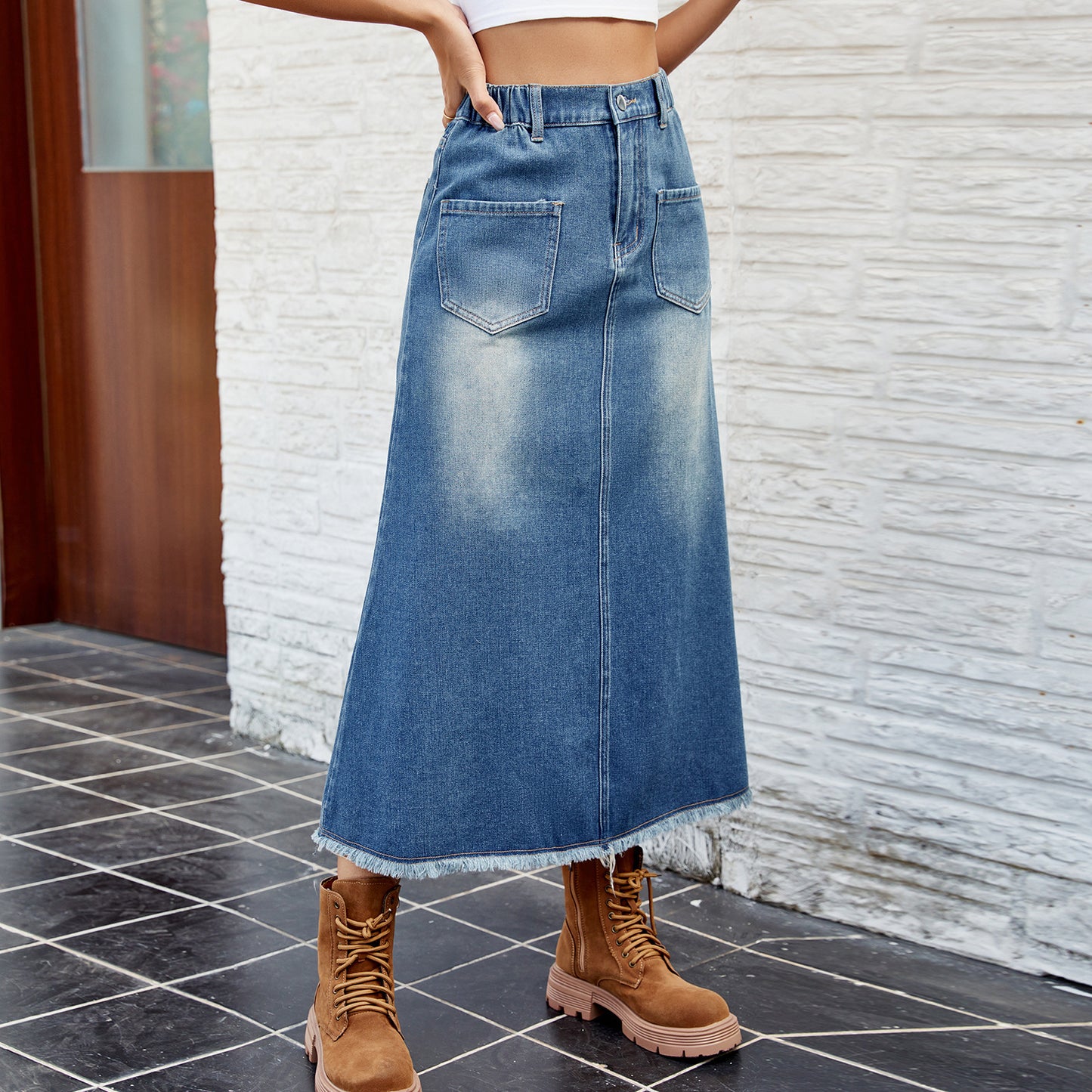 Washed Frayed Hem Denim Midi Skirt