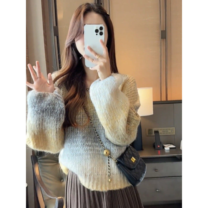 V-neck Striped Gradient Sweater