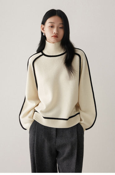 Contrast High Neck Raglan Lantern Sleeve Sweater For Women