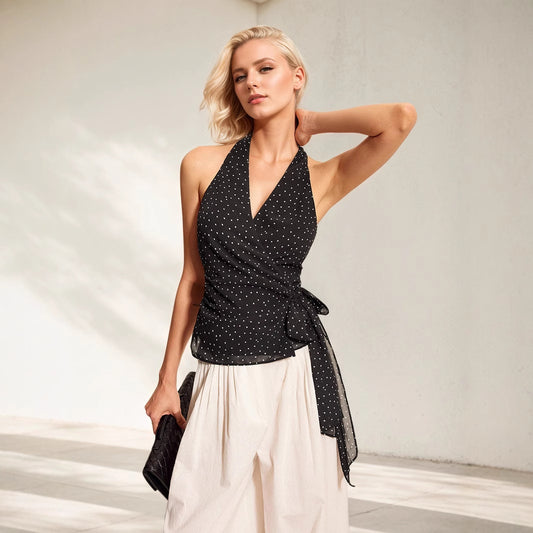 Short Sleeve Wrap Halter Top