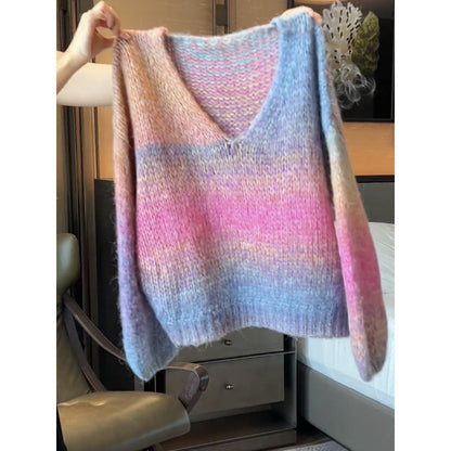 V-neck Striped Gradient Sweater